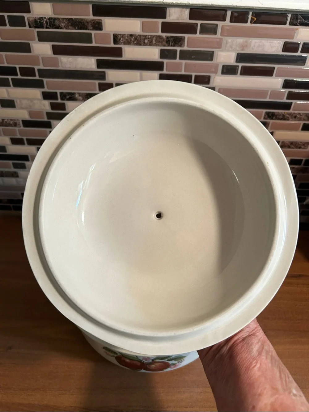 White Ceramic Casserole Dish with Apple Motif and Green Trim